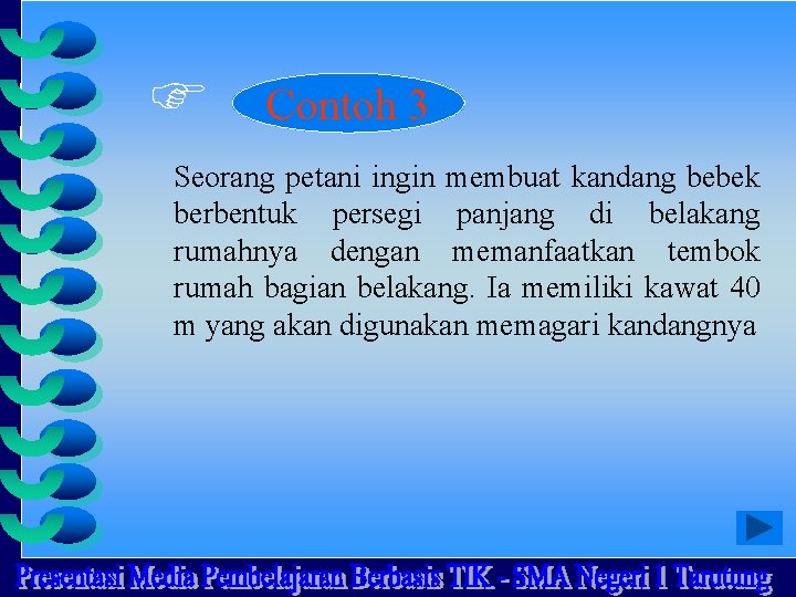  Contoh 3 Seorang petani ingin membuat kandang bebek berbentuk persegi panjang di belakang