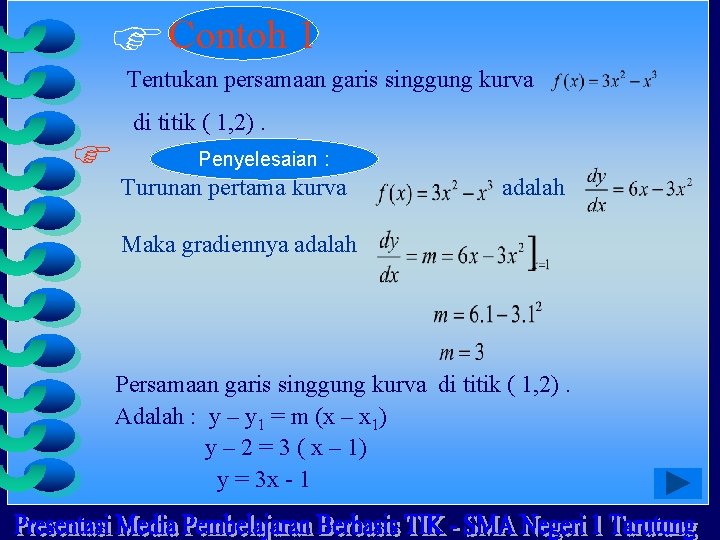 Contoh 1 Tentukan persamaan garis singgung kurva di titik ( 1, 2). Penyelesaian :