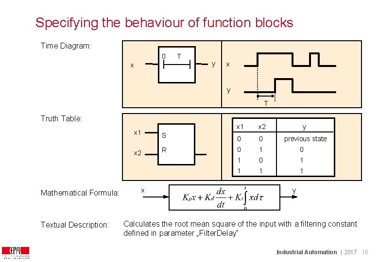 Specifying the behaviour of function blocks Time Diagram: 0 x T y x y Specifying the behaviour of function blocks Time Diagram: 0 x T y x y