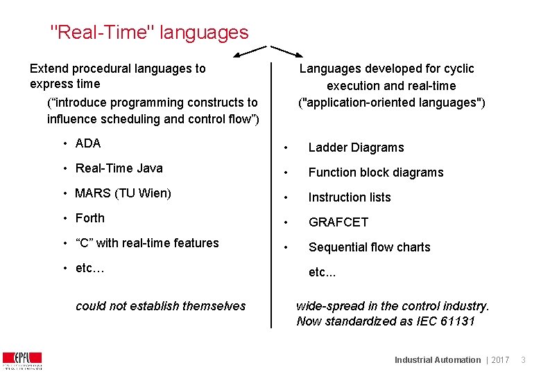 "Real-Time" languages Extend procedural languages to express time Languages developed for cyclic execution and "Real-Time" languages Extend procedural languages to express time Languages developed for cyclic execution and