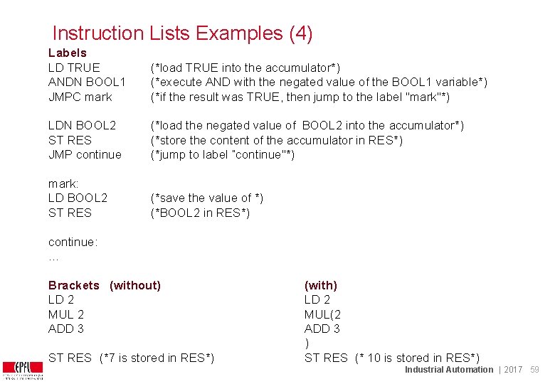 Instruction Lists Examples (4) Labels LD TRUE ANDN BOOL 1 JMPC mark (*load TRUE Instruction Lists Examples (4) Labels LD TRUE ANDN BOOL 1 JMPC mark (*load TRUE