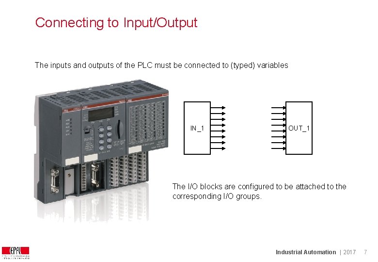 Connecting to Input/Output The inputs and outputs of the PLC must be connected to Connecting to Input/Output The inputs and outputs of the PLC must be connected to