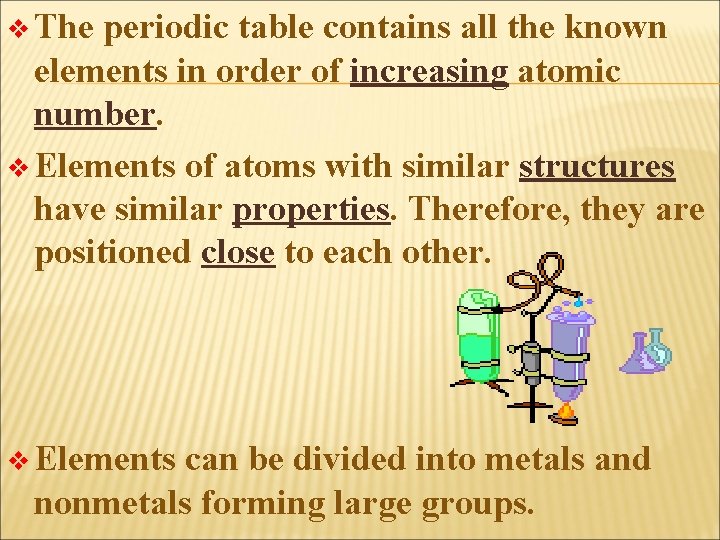v The periodic table contains all the known elements in order of increasing atomic