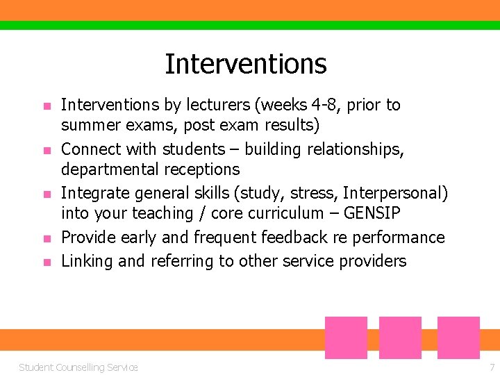 Interventions n n n Interventions by lecturers (weeks 4 -8, prior to summer exams,