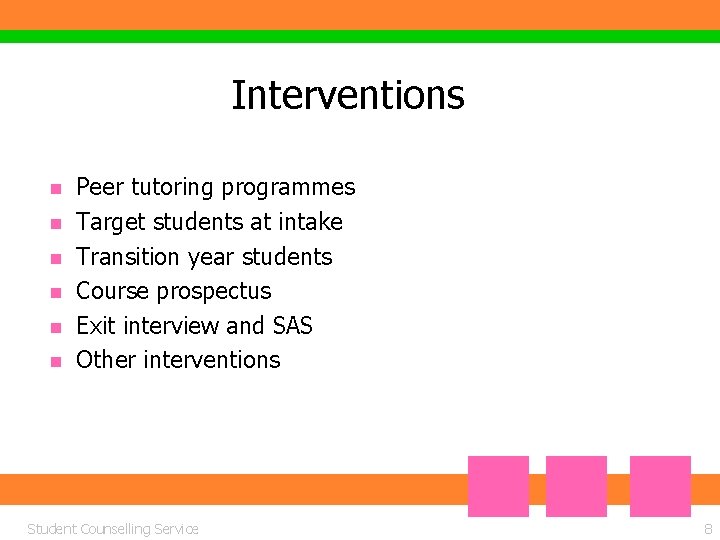 Interventions n n n Peer tutoring programmes Target students at intake Transition year students