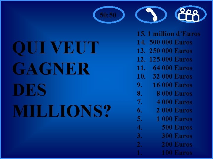 50: 50 QUI VEUT GAGNER DES • MILLIONS? A: • B: • C: •