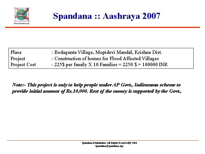 Spandana : : Aashraya 2007 Place Project Cost : Bodagunta Village, Mopidevi Mandal, Krishna