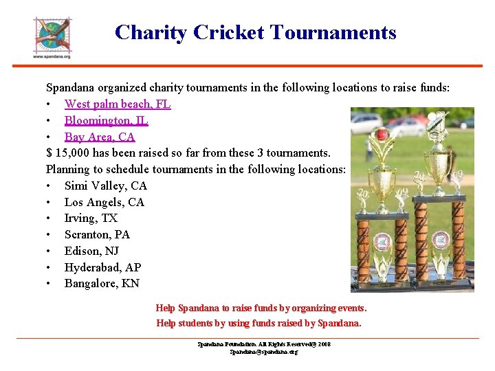 Charity Cricket Tournaments Spandana organized charity tournaments in the following locations to raise funds: