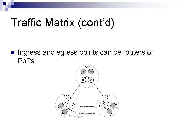 Traffic Matrix (cont’d) n Ingress and egress points can be routers or Po. Ps.