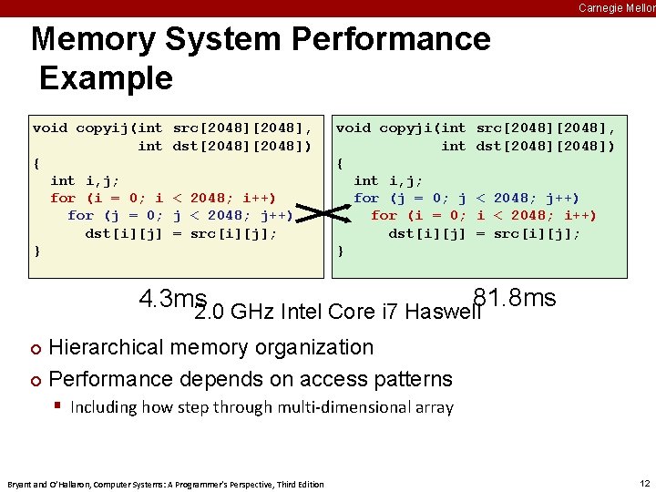 Carnegie Mellon Memory System Performance Example void copyij(int { int i, j; for (i