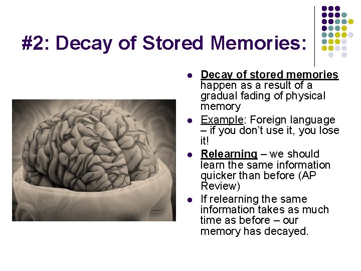#2: Decay of Stored Memories: l l Decay of stored memories happen as a
