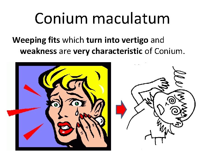 Conium maculatum Weeping fits which turn into vertigo and weakness are very characteristic of