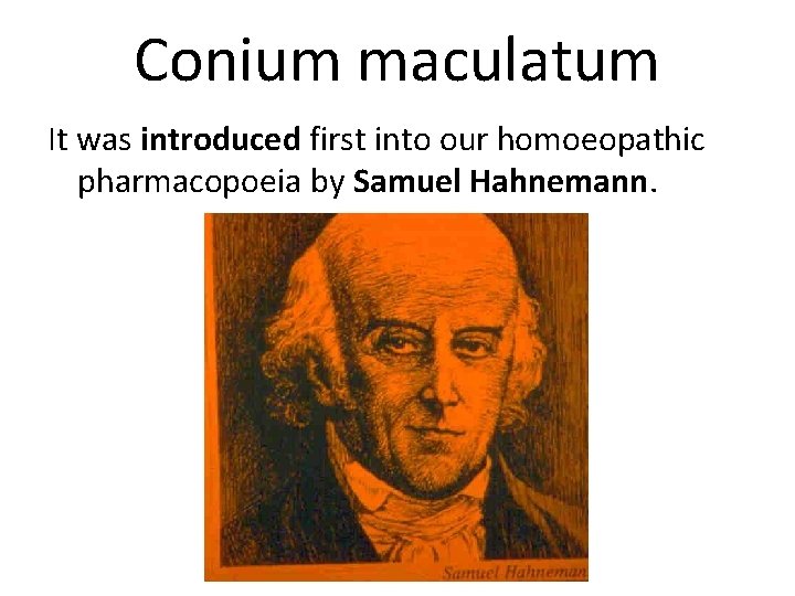 Conium maculatum It was introduced first into our homoeopathic pharmacopoeia by Samuel Hahnemann. 