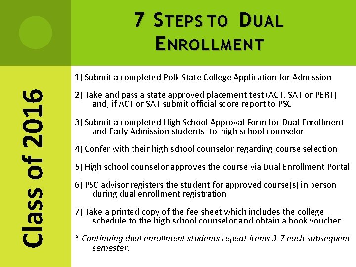 7 S TEPS TO D UAL E NROLLMENT Class of 2016 1) Submit a