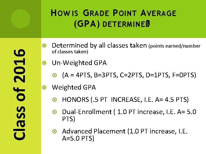 Class of 2016 H OW IS G RADE P OINT A VERAGE ( GPA