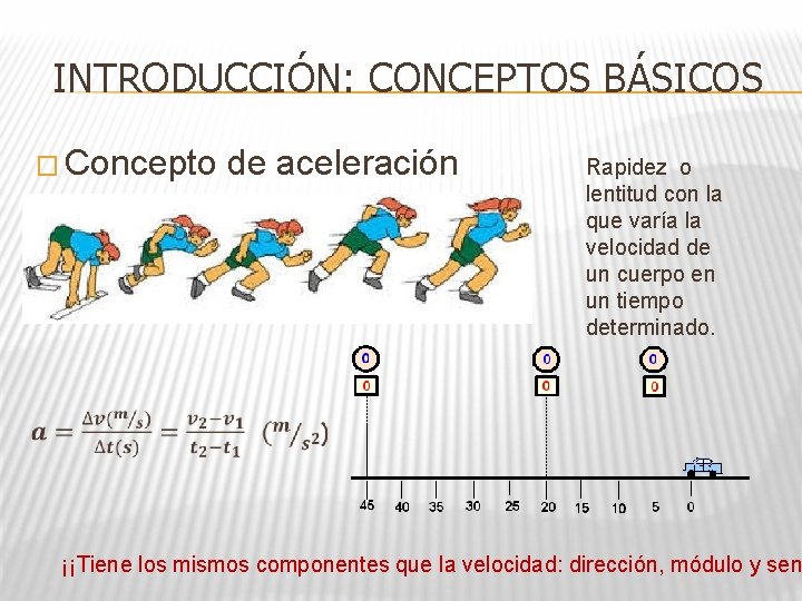 INTRODUCCIÓN: CONCEPTOS BÁSICOS � Concepto de aceleración Rapidez o lentitud con la que varía