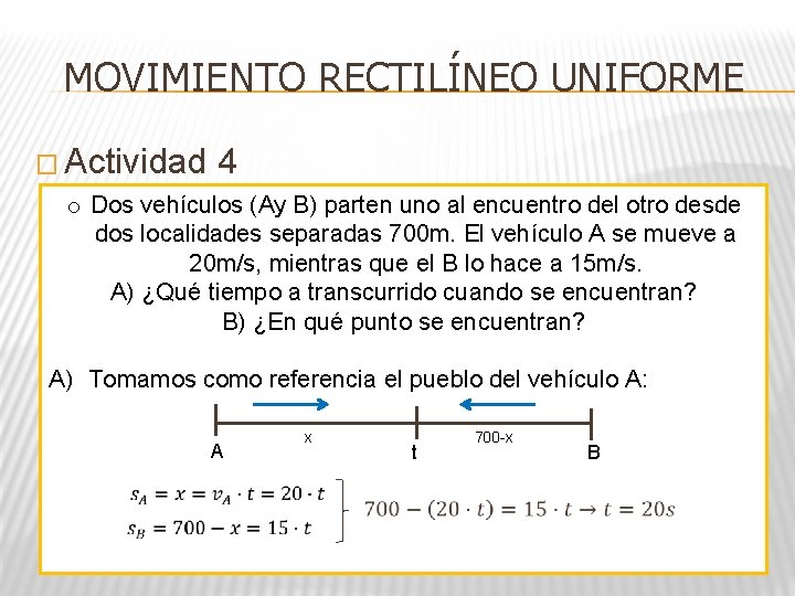 MOVIMIENTO RECTILÍNEO UNIFORME � Actividad 4 o Dos vehículos (Ay B) parten uno al