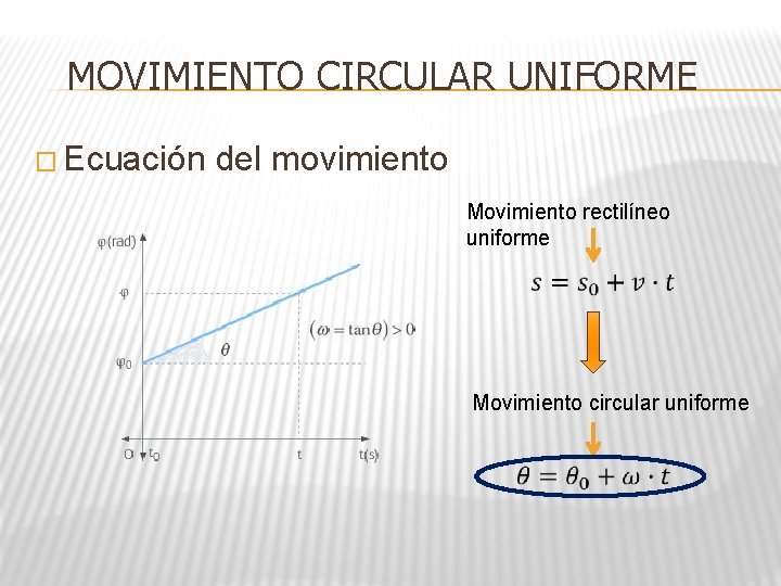 MOVIMIENTO CIRCULAR UNIFORME � Ecuación del movimiento Movimiento rectilíneo uniforme Movimiento circular uniforme 