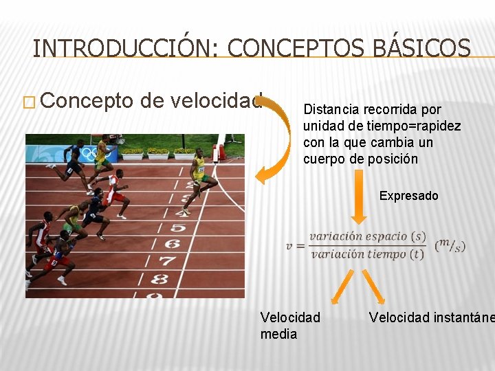 INTRODUCCIÓN: CONCEPTOS BÁSICOS � Concepto de velocidad Distancia recorrida por unidad de tiempo=rapidez con