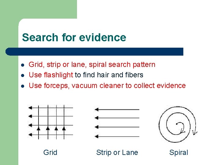 Search for evidence l l l Grid, strip or lane, spiral search pattern Use Search for evidence l l l Grid, strip or lane, spiral search pattern Use