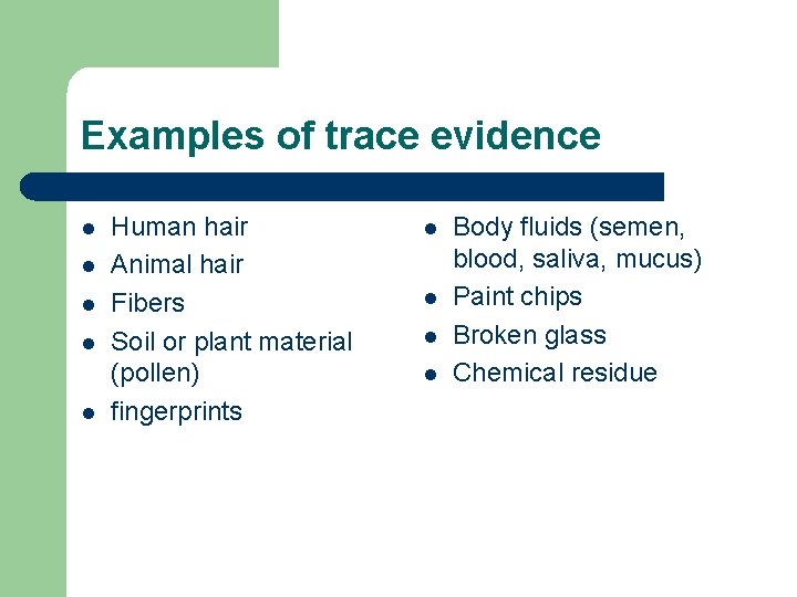Examples of trace evidence l l l Human hair Animal hair Fibers Soil or Examples of trace evidence l l l Human hair Animal hair Fibers Soil or