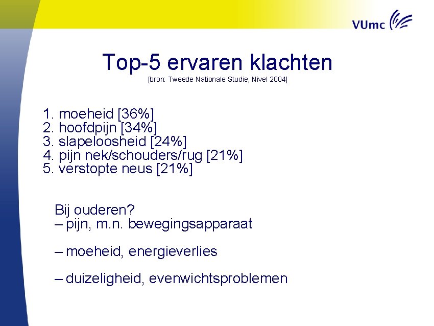 Top-5 ervaren klachten [bron: Tweede Nationale Studie, Nivel 2004] 1. moeheid [36%] 2. hoofdpijn