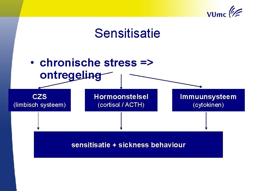 Sensitisatie • chronische stress => ontregeling CZS Hormoonstelsel Immuunsysteem (limbisch systeem) (cortisol / ACTH)