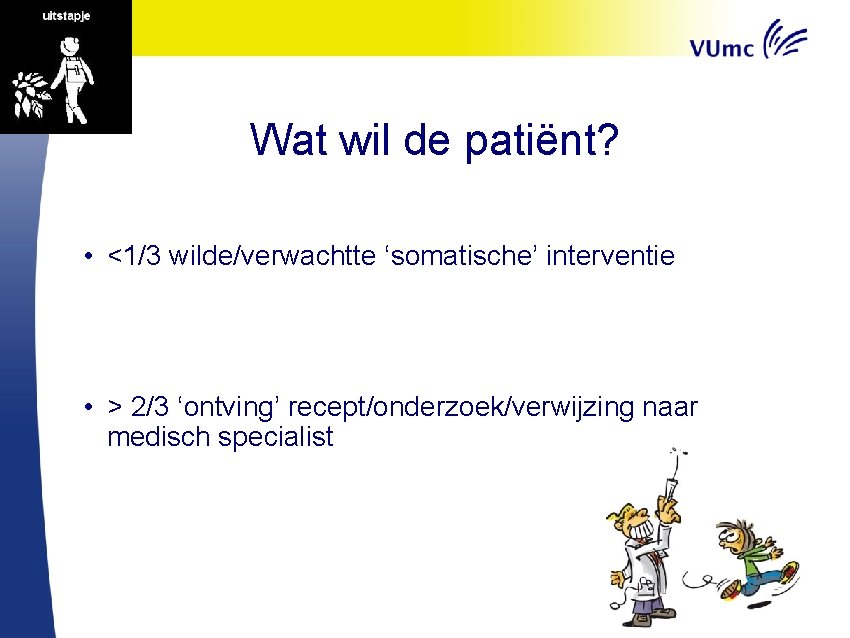 Wat wil de patiënt? • <1/3 wilde/verwachtte ‘somatische’ interventie • > 2/3 ‘ontving’ recept/onderzoek/verwijzing