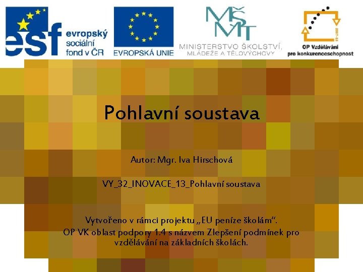 Pohlavní soustava Autor: Mgr. Iva Hirschová VY_32_INOVACE_13_Pohlavní soustava Vytvořeno v rámci projektu „EU peníze