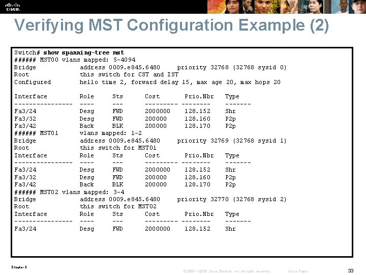 Verifying MST Configuration Example (2) Switch# show spanning-tree mst ###### MST 00 vlans mapped: