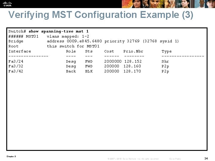 Verifying MST Configuration Example (3) Switch# show spanning-tree mst 1 ###### MST 01 vlans