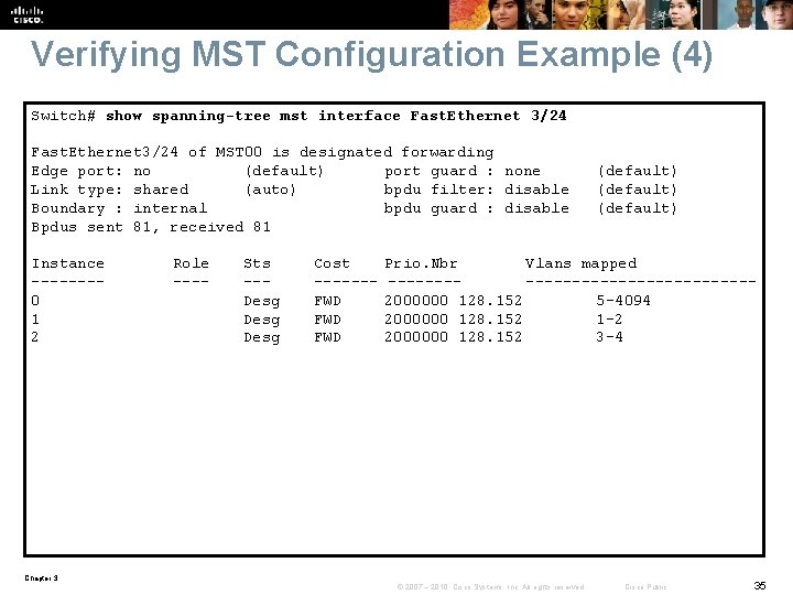 Verifying MST Configuration Example (4) Switch# show spanning-tree mst interface Fast. Ethernet 3/24 of