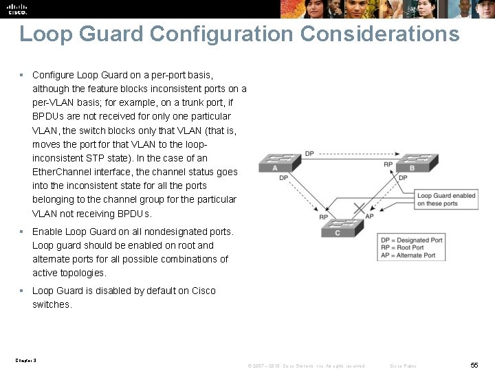 Loop Guard Configuration Considerations § Configure Loop Guard on a per-port basis, although the