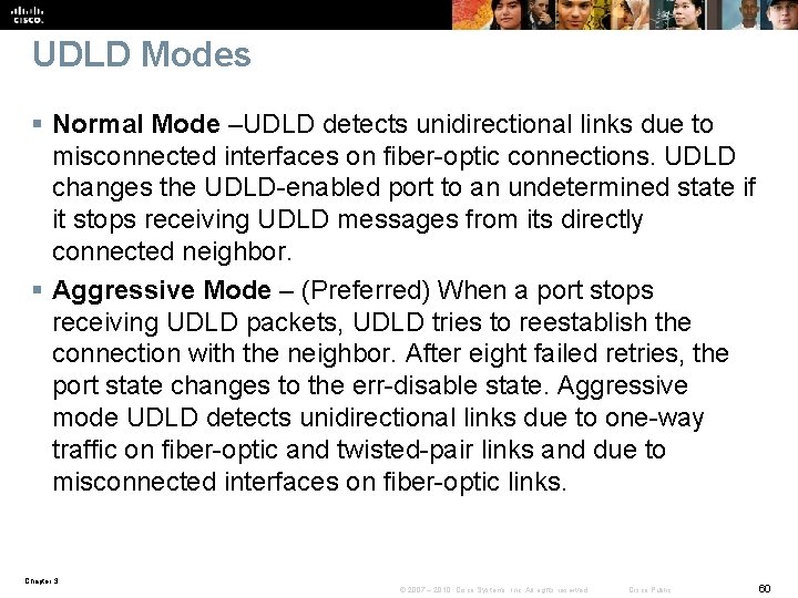 UDLD Modes § Normal Mode –UDLD detects unidirectional links due to misconnected interfaces on