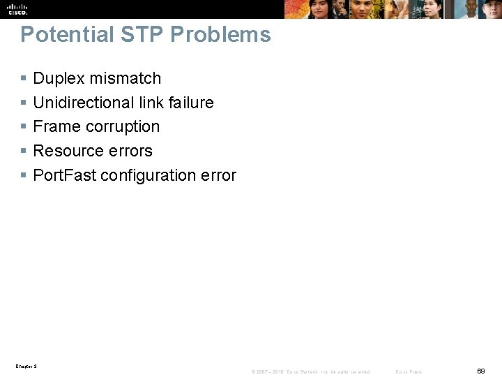 Potential STP Problems § § § Duplex mismatch Unidirectional link failure Frame corruption Resource