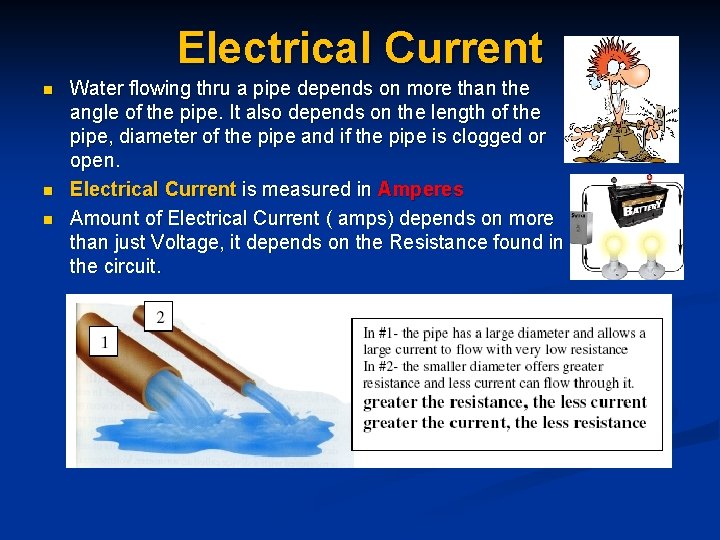 Electrical Current n n n Water flowing thru a pipe depends on more than