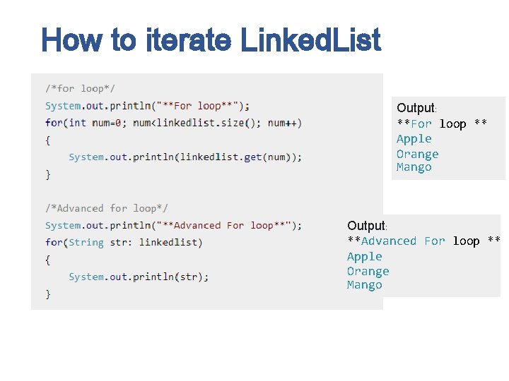 How to iterate Linked. List Output: **For loop ** Apple Orange Mango Output: **Advanced