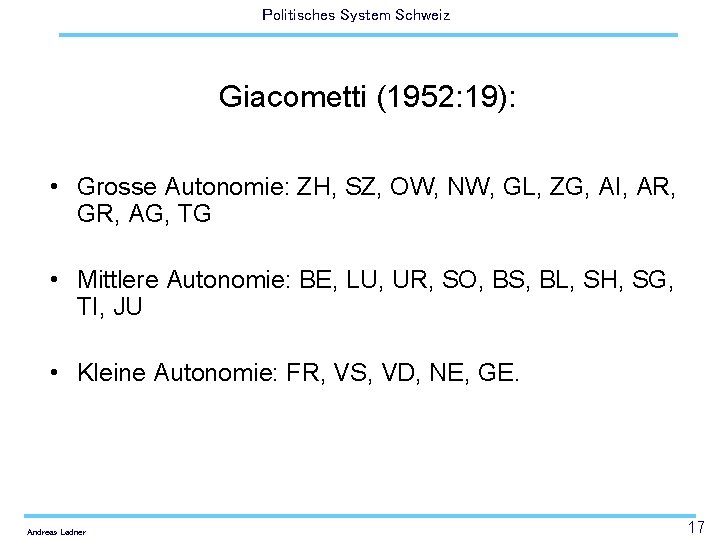 Politisches System Schweiz Giacometti (1952: 19): • Grosse Autonomie: ZH, SZ, OW, NW, GL,