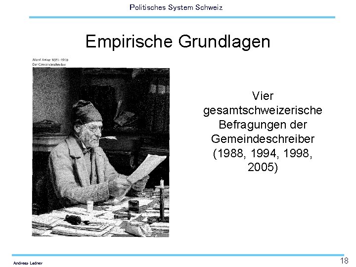 Politisches System Schweiz Empirische Grundlagen Vier gesamtschweizerische Befragungen der Gemeindeschreiber (1988, 1994, 1998, 2005)