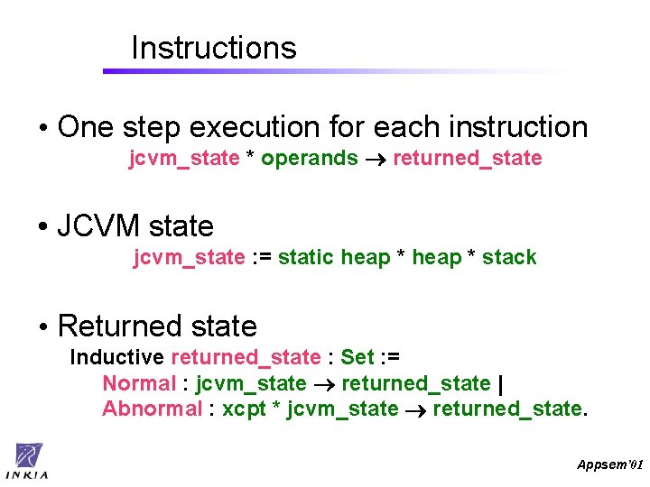 Instructions • One step execution for each instruction jcvm_state * operands ® returned_state •