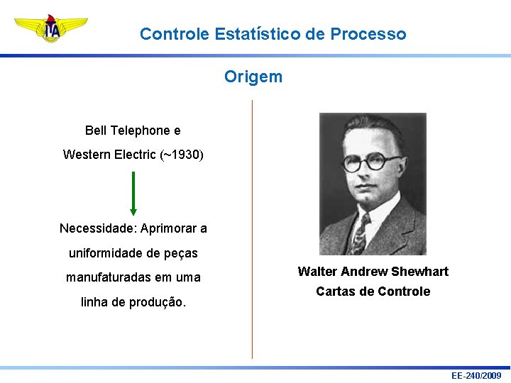 Controle Estatístico de Processo Origem Bell Telephone e Western Electric (~1930) Necessidade: Aprimorar a Controle Estatístico de Processo Origem Bell Telephone e Western Electric (~1930) Necessidade: Aprimorar a