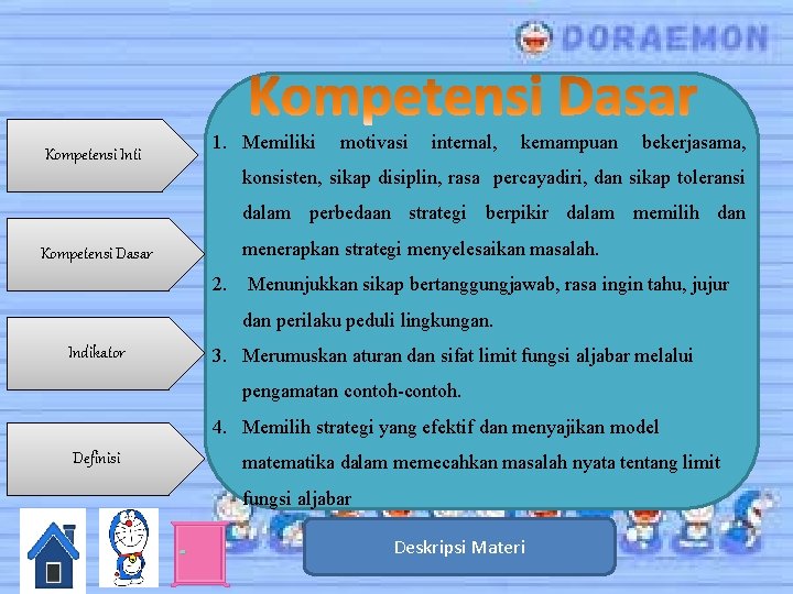 Kompetensi Inti 1. Memiliki motivasi internal, kemampuan bekerjasama, konsisten, sikap disiplin, rasa percayadiri, dan