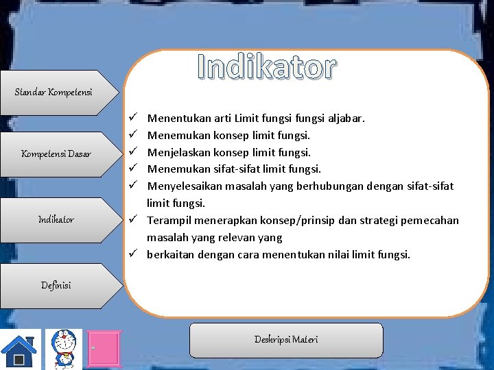 Indikator Standar Kompetensi Dasar Indikator Menentukan arti Limit fungsi aljabar. Menemukan konsep limit fungsi.