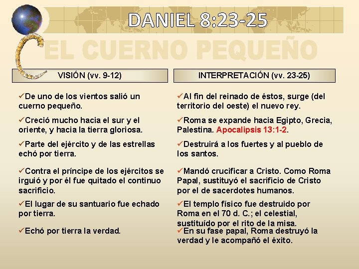DANIEL 8: 23 -25 VISIÓN (vv. 9 -12) INTERPRETACIÓN (vv. 23 -25) üDe uno