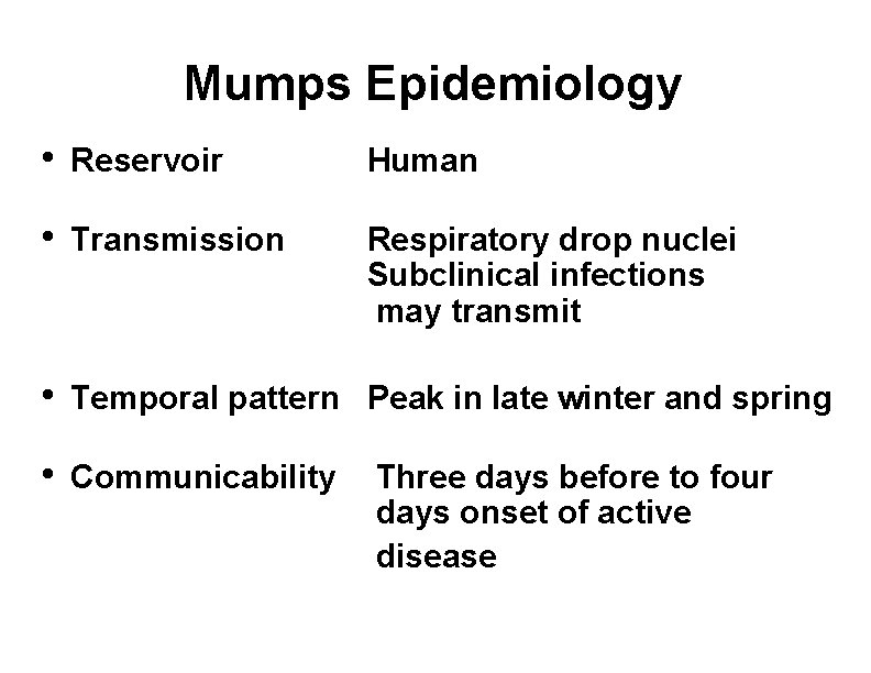 Mumps Epidemiology • Reservoir Human • Transmission Respiratory drop nuclei Subclinical infections may transmit