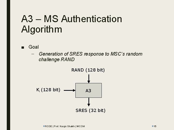 A 3 – MS Authentication Algorithm ■ Goal – Generation of SRES response to
