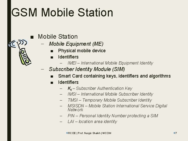 GSM Mobile Station ■ Mobile Station – Mobile Equipment (ME) ■ ■ Physical mobile