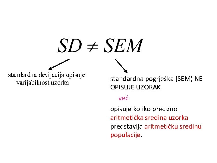 standardna devijacija opisuje varijabilnost uzorka standardna pogrješka (SEM) NE OPISUJE UZORAK već opisuje koliko