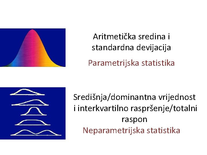 Aritmetička sredina i standardna devijacija Parametrijska statistika Središnja/dominantna vrijednost i interkvartilno raspršenje/totalni raspon Neparametrijska