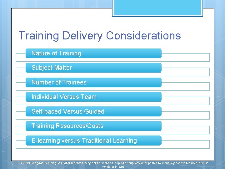 Training Delivery Considerations Nature of Training Subject Matter Number of Trainees Individual Versus Team